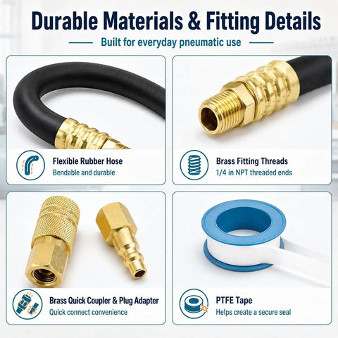 Slick Flexible Air Compressor Whip Hose Kit For Smooth Pneumatic Tool Hookups And Zero Hassle Routing Designed As A Tight Seal Connector For 1P1060S Units, showing flexible rubber hose and brass fittings.