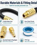 Flexible Air Compressor Whip Hose Kit With Heavy Duty Rubber Hose compatible with Mac210q, showcasing brass fittings and PTFE tape.