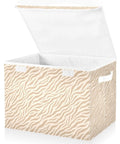 Built Tough Foldable Storage Bin With Slick Flip Top Lid And Locked Down Velcro Closure Durable Oxford Fabric Collapsible Closet Organizer For Home Bedroom No Sweat Space Savers in beige zebra print with open lid.