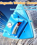 Top Shelf Double Sided Magnetic Window Cleaner With Adjustable Magnet Strength Five Gear Glass Wiper Tool For High Rise Apartments And Thick Double Glazed Homes close-up with cleaning mechanism and blue grip.