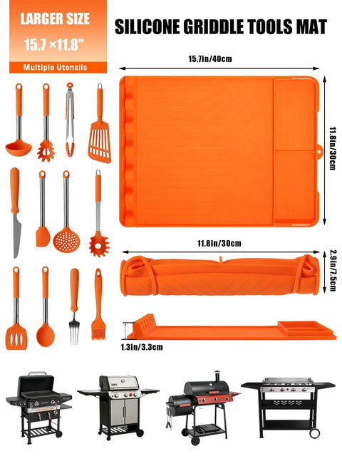 Rollable Silicone Grill Mat For Griddle Tools And BBQ Accessories with dimensions and utensil layout for outdoor cooking.