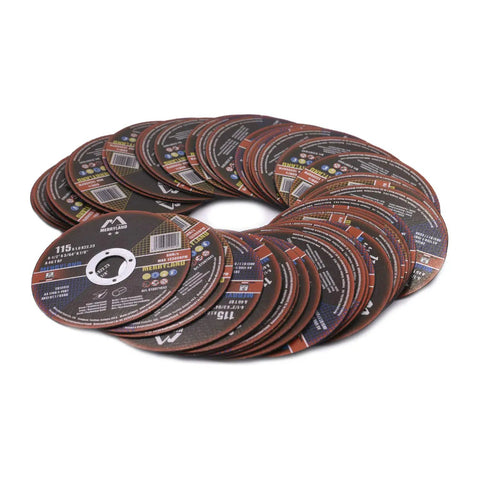 Fifty Pack 4.5 Inch Ultra Thin Cut Off Wheels For Angle Grinder arranged in a circle, ideal for heavy duty metal cutting.