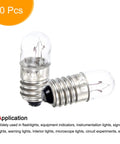 E10 Screw Base Miniature Bulbs For DC 12V Projects Packing Ten Warm Yellow Glow, showing two bulbs with glass and metal construction.