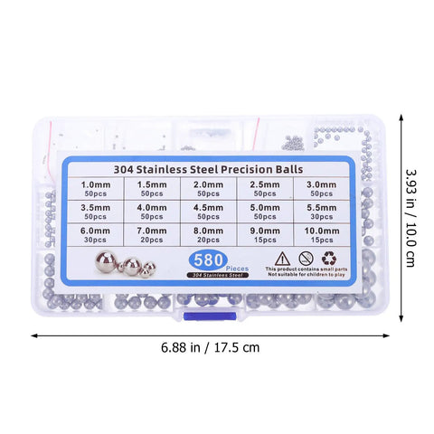 580 Piece Stainless Steel Bearing Balls Assortment Kit Featuring Dead Nuts Accurate Sizing in a clear box with detailed sizing chart.