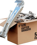 Built Like A Tank Quick Install Easy Grip Heavy Duty 5 Inch Hidden Gutter Hangers Pre Inserted Rust Resistant Screws Fasteners And Clips For K Style Aluminum Gutters Solid As A Rock 50 Pack in box with visible hanger.