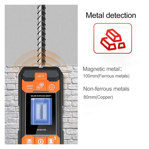 Pro Grade Wall Scanner And Stud Finder Packing Metal Detector Wire Voltage Meter And Laser Range Finder With Bright LCD screen showing metal detection features.