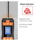 Hella Accurate Wall Scanner With Green Line Laser And LCD Display detecting metals in a wall with clear display and control buttons.