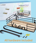 Space Saving Laundry Room Hanger Wall Mount For Iron And Ironing Board With Metal Frame And Large Wooden Base Basket For Iron Starch And Spray Bottle Removable Hooks Black Finish with included hardware displayed on a blue background.