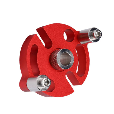 Professional Grade Self Centering Doweling Jig Kit For Woodworking Furniture Assembly with red anodized aluminum piece and stainless steel bushings.