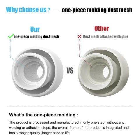 Comparison of one-piece molding dust mesh vs glued dust mesh for durability and quality in ear tips.