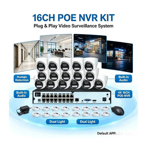 16CH 4K PoE NVR Security Dome Camera System 8Mp Full Color Night Vision Waterproof Surveillance Kit with multiple cameras and NVR.