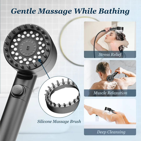 Filtered Shower Head With Handheld, Powerful High Pressure 4 Spray with Filters and Anti Clog Nozzles, Silicone Massage Brush