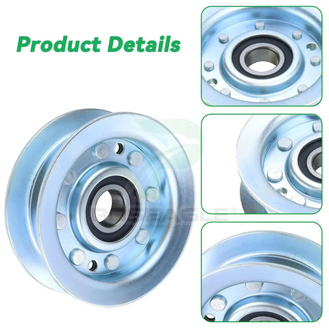 Straight Up Quality Idler Pulleys For John Deere Gy22172 And Gy20067 Heavy Duty Bearings for 42 And 48 Inch Mower Decks D140 L130 Models Easy Swap Runs Like New close-up view of pulley with durable steel construction