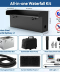 All-In-One Pond Waterfall Kit With LED Light, 18-Inch Stainless Steel Spillway, components, submersible pump, filter box