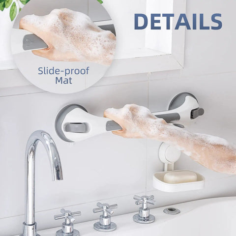 Smooth Operator Suction Shower Grab Bars For Bathtub Safety 2 Pack Strong Grip Handles No Drill Quick Install For Elderly Non Slip Bathroom Handrails Stays Firm Gray 16.8 Inch with foam hand using slide-proof mat.