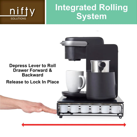 Under Coffee Pot Storage Sliding Drawer Space Saver For K Cup Pods, Black, 30 Pod Capacity, demonstrating easy slide mechanism.
