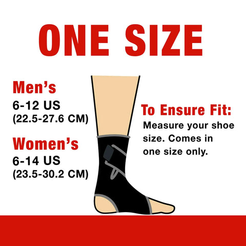 Size chart for Two Strap Adjustable Ankle Support With Moderate Compression For Pain Relief And Injury Recovery, one size.