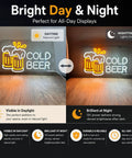 Cold Beer Neon Sign For Pub And Home Bar 12V LED Neon With Flexible PET Backboard shown in daylight and nighttime settings with glow effect.