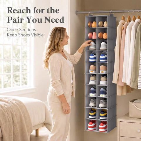 Dope Foldable Hanging Shoe Closet Rack Solid Thick Fabric Storage System With Wide Compartments Straight Up Perfect For Sneakers Flats Heels And Daily Slippers In Fresh Gray, featuring open sections for visibility.