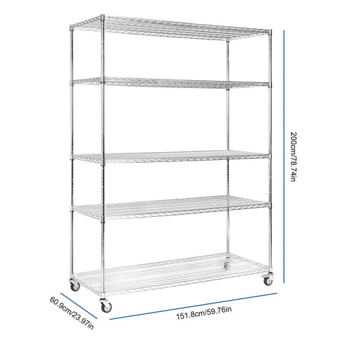 Heavy Duty Five Tier Wire Shelving Storage Rack With Hella Beefy 7500 Pound Capacity showing dimensions, sleek design, and rolling wheels.