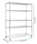 Heavy Duty Five Tier Wire Shelving Unit With Rolling Caster Wheels And Waterproof Liners, 200cm tall, metal organizer for garage storage.
