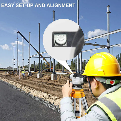 Surveyor using 32x Automatic Optical Level With Self Leveling Magnetic Dampened Compensator And Transport Lock for precise measurements.