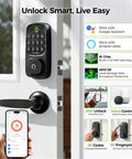 Slick WiFi Smart Door Lock For Front Door Keyless Entry Deadbolt With Handle Set Fingerprint Pin Code Alexa And Google Assistant App Control Voice Access on a white door.