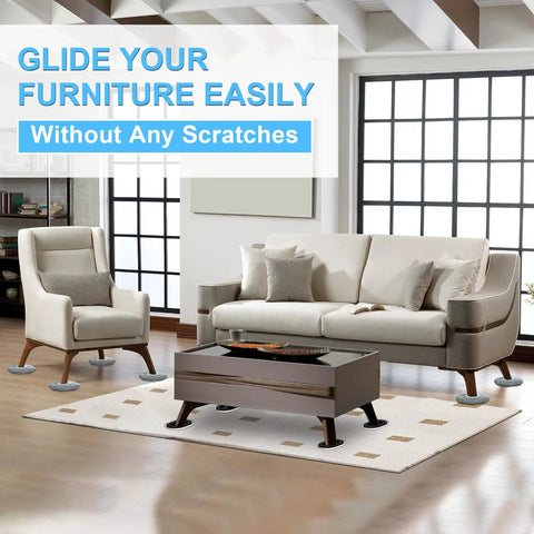 Effortless Home Move Sliders Two In One Heavy Duty Furniture Movers With Carpet Gliders And Plush Hard Floor Socks Multi Surface Moving Kit used on a sofa in a living room.
