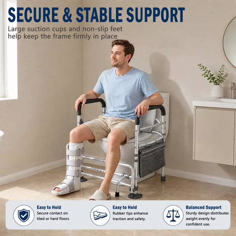 Man sitting on Premium Heavy Duty Toilet Safety Rails for Seniors 500 Lbs Weight Capacity with non-slip safety features.