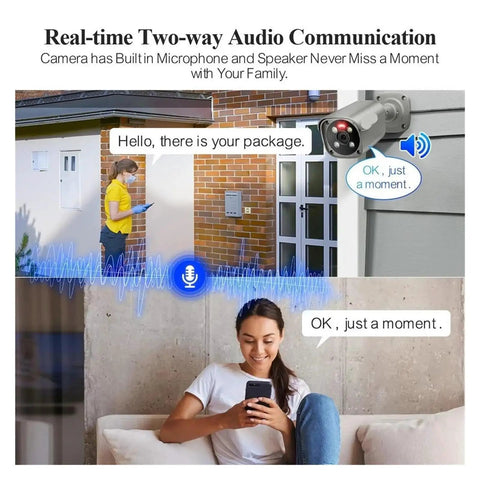 Genuinely Dope 8MP 4K PoE CCTV NVR Security Camera Kit showing two-way audio communication in action.