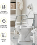 Adjustable Detachable Toilet Safety Frame With Handles in bathroom, fits round toilets, showing standalone rail for support.