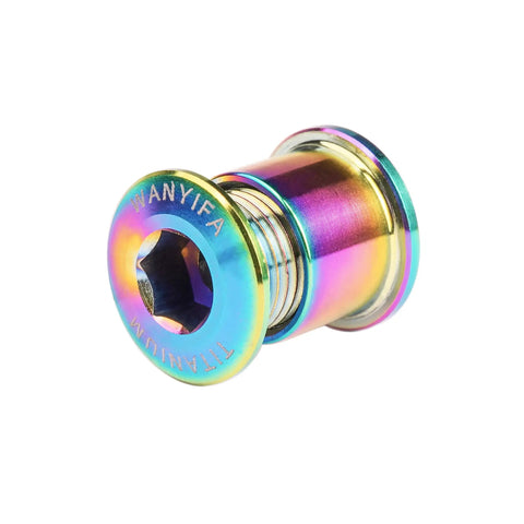 Top Shelf Grade 5 Titanium Chainring Bolts For Mountain And Road Bikes Badass M8x6Millimeter colorful titanium bolt close-up view.