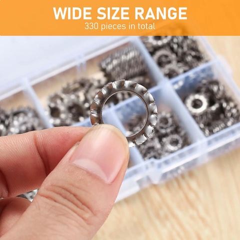 External tooth star lock washer, stainless steel, 330-piece assortment set (M2.5–M12)