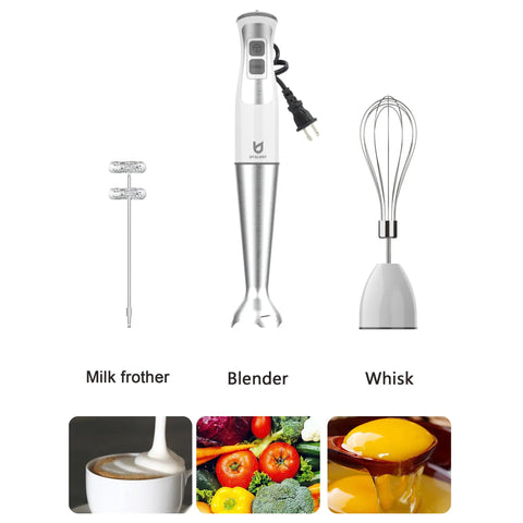 Immersion Hand Blender 3-in-1, 8-Speed Stick Blender With Milk Frother And Egg Whisk for Smoothies, Coffee Foam, Puree, White