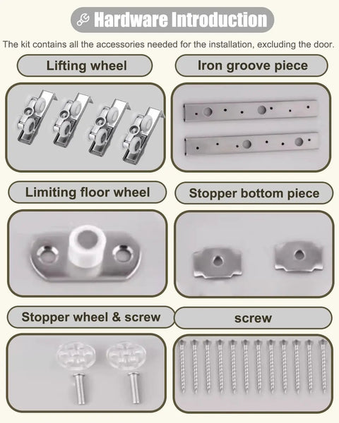 Smooth Glide Bypass Sliding Door Hardware Kit With Bulletproof Stainless Steel Wheels Ultra Silent Operation parts include lifting wheels and screws.