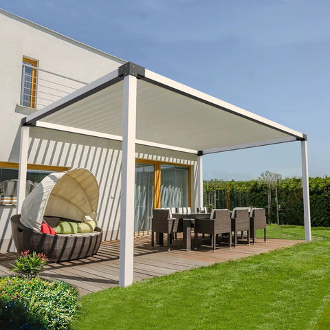 Outdoor patio with pergola, showing heavy duty pergola corner brackets for 4 by 4 posts three and a half inch powder coated steel 3 way 90 degree angle built to last easy install for patio deck outdoor use hunting blind and deer stand setup.