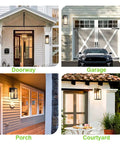Four locations showcasing Dusk To Dawn Photocell Sensor Black Outdoor Wall Lantern With Clear Glass Shade on doorway, garage, porch, courtyard