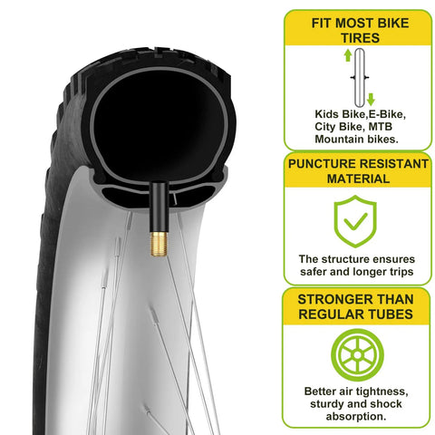 Cross-section view of Two Pack 26 Inch Bicycle Tubes With 32mm Schrader Valve Fits 26x1.75 Through 2.125 Tire Sizes Compatible With Road MTB And City Bikes Easy Install Reliable Rubber Tubes For Durable Everyday Rides showing tire compatibility and puncture resistance.