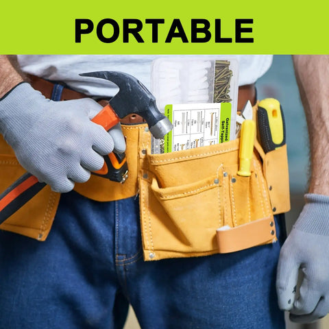 Tough As Nails 4 Wood Screws Assortment Kit Includes 420 Flat Head Fasteners in a tool belt with a hammer.