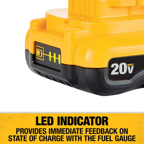 Close-up of 20V Max Battery Pack With Charger 3Ah Long Run Time Fuel Gauge LEDs No Memory Virtually No Self Discharge Durable Power