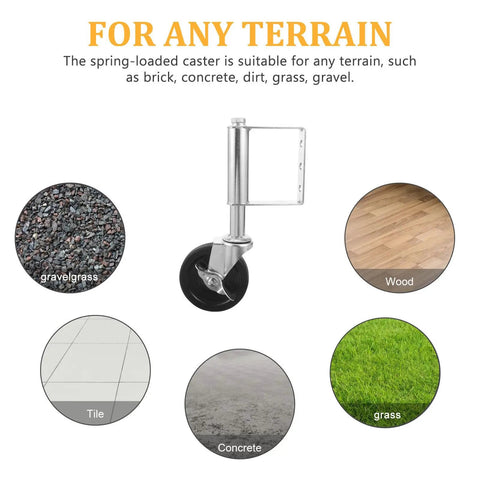 Heavy Duty Spring Loaded Gate Caster With Slick Rolling Cold Rolled Steel Wheel For Dead Simple Gate Operation And Quick Hook Up On Wood Or Metal Tubular Frames For Yard Jobs, shown on various terrains.