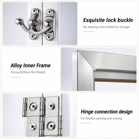 Massive 72X55 Trifold Full Length Mirror, Glassless and Totally Unbreakable Nano Tech Build, lock buckle and hinge detail.