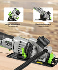 20V Cordless Mini Circular Saw With Laser Guide And Dual Blades Compact Wood Cutter features angle and depth adjustment for precision cuts.