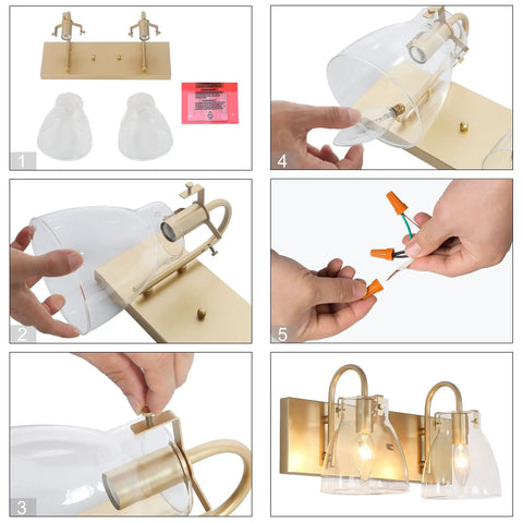 Installation steps for Two Light Gold Vanity Light Fixture With Clear Glass Shades, showing assembly and wiring process.