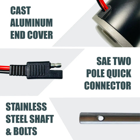 Replacement Motor For ATV Broadcast Spreader S100 12V DC 18W 900RPM showing aluminum cover, connector, and shaft