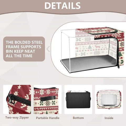 No Sweat Heavy Duty Foldable Storage Bin With Clear Front Window And Dual Zipper Openings For Effortless Seasonal Item Organization Featuring Cheerful Holiday Stripes showing details of steel frame, zippers, and handle.