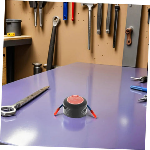 Top Shelf Dead Reliable Aluminum Alloy Automatic Fire Extinguisher For Cars Trucks Suv And Van Featuring Premium Flame Quenching Tech on a tool bench.
