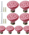 Premium Rose Red Ceramic Cabinet Knobs Set Of Eight Drawer Handles with zinc alloy base and floral design.