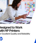 Image of a woman reviewing printed photos on a desk designed to work with HP printers for excellent quality and reliability.
