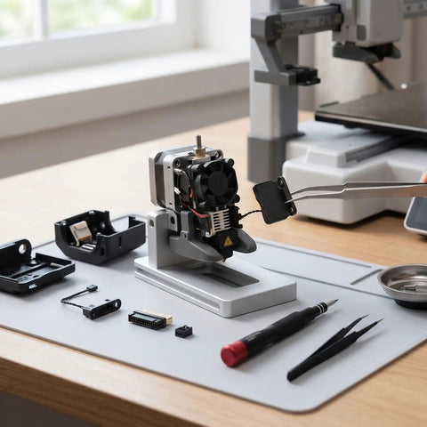 Installation of Eddy Sensor Replacement For 3D Printer Eddy Current Coil Assembly, tools, and components on workbench